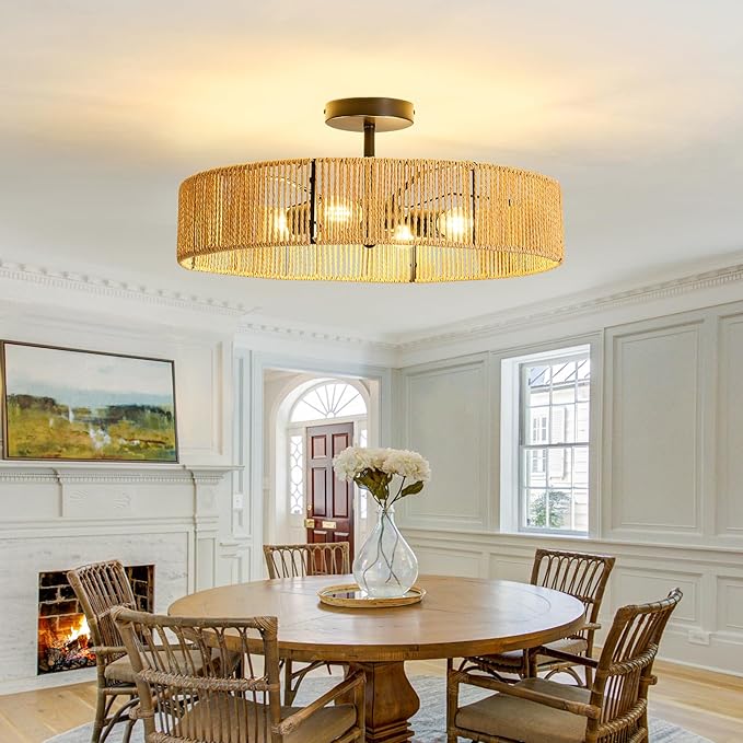 hesoge Boho Rattan Ceiling Light Fixture Rustic Black Semi Flush Mount Ceiling Light 20 Inches 4 Light Woven Chandelier for Farmhouse Hallway Bedroon Living Room Dining Room Kitchen Island