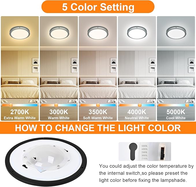 2 Pack 12 Inch Round Black Ceiling Light Fixture for Hallway Bedroom - 12” Black LED Flush Mount Ceiling Lamp Set of Two 2700K/3000K/3500K/4000K/5000K LED Kitchen Bathroom Light