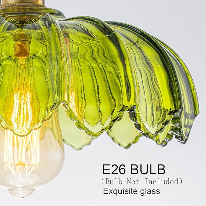 EDSILIVE Vintage Flower Glass Pendant Lights Kitchen Island 9.84" Antique Flower Green Glass Hanging Ceiling Light Fixture with Adjustable Brass Twine Wire for Dining Room Kitchen Table, Gold Green