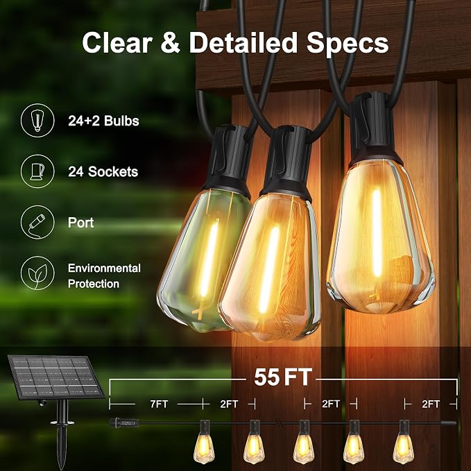 BLIATLUS 55FT Solar String Lights Outdoor Waterproof with Remote Control Solar Patio Lights 24+2 shatterproof LED ST38 Bulbs for Porch Garden Market Bistro Patio Backyard Fence