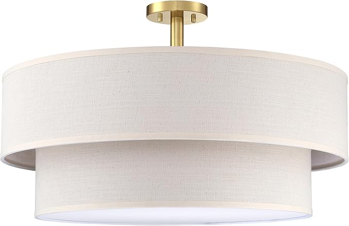 5 Light Semi Flush Mount Close to Ceiling Light Fixture,Cream Linen Fabric Shade Brushed Bronze Finish 24 inch for Bedroom,Living Room,Dining Room Hallway