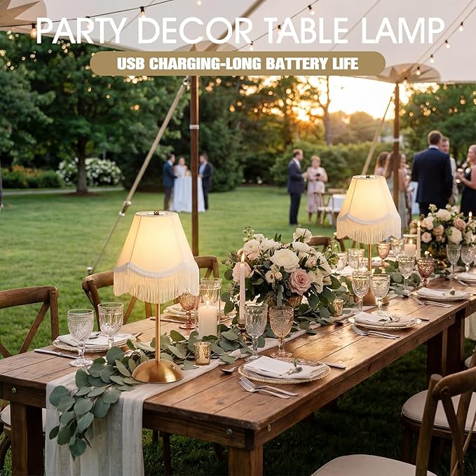 2 Pack Wedding Tassel Cordless Table Lamp Rechargeable Touch LED Small Gold Portable Battery Operated USB-c Desk Lamp 3 Color Dimmable for Wedding Birthday Outdoor Party Home