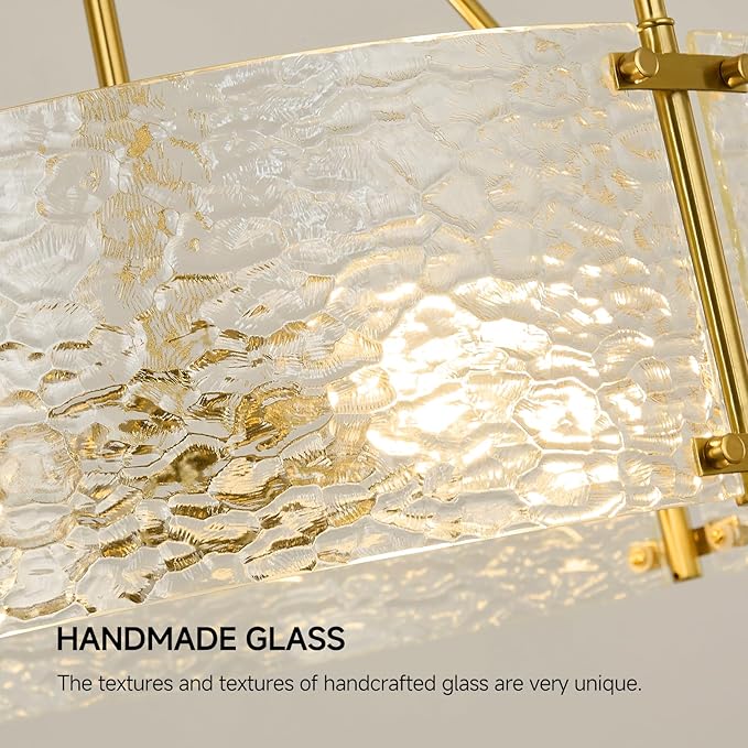 Modern Textured Glass Chandeliers for Dining Room: 20'' Drum Brushed Gold Entryway Light Fixture Hanging - 5 Light Kitchen Chandelier Over Table - Semi Flush Mount Chandelier for Bedroom Hallway Foyer