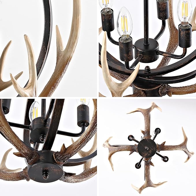Farmhouse Antler Pendant Light – 19.3"x18.1" Metal Globe and Resin Antlers, E12 Base, Brown Indoor Hanging Light for Kitchen Dining Room