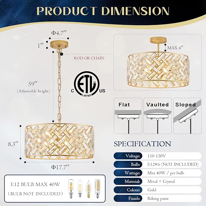 Gold Crystal Chandelier, 18" Modern Drum Ceiling Light Fixture, Luxury 6-Light K9 Crystal Pendant Lighting, Convertible Semi Flush Mount Hanging Light for Dining Room, Living Room, Bedroom, Kitchen