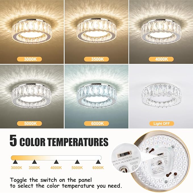 Dimmable Crystal Modern LED Flush Mount Ceiling Light,Chrome 11 Inch Small Chandelier 24W 5CCT 3000K-6000K Hallway Close to Ceiling Light Fixtures for Kitchen,Entryway,Laundry Room,Bedroom