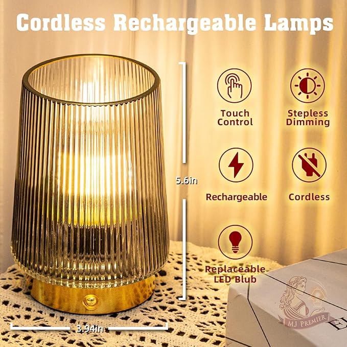 MJ Cordless Lamps Rechargeable Battery Operated Lamp Glass Table Lamp Portable Dimmable Brightness Adjust Decorative Dimmable Beside Small Lamp for Home Decor Livingroom Bedroom Kitchen Bathroom Grey