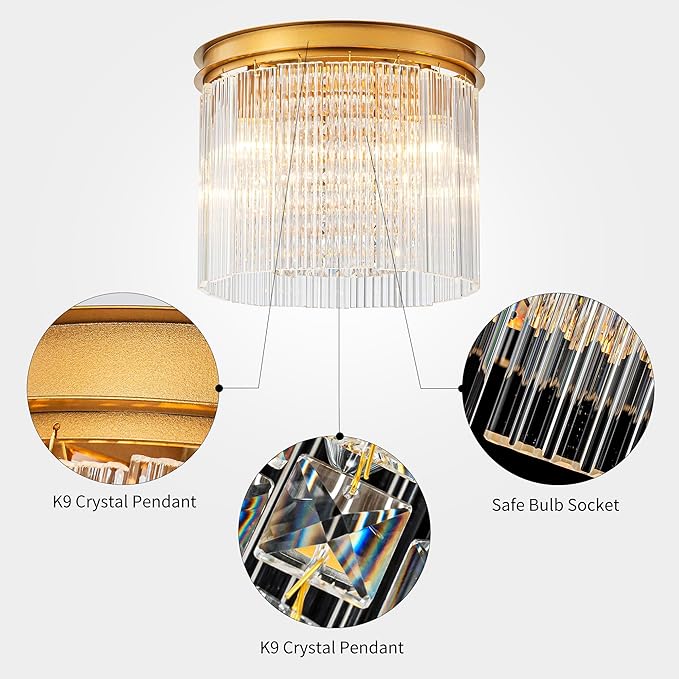 3-Light Drum Ripple Glass Ceiling Lights, Modern Style Flushmount Light Fixture for Kitchen, Bedroom, D12 * H10 inch, Ripple Glass Shade & Brass Finish Canopy