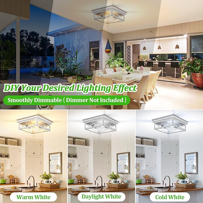 Antique White Hallway Light Fixture, 2-Light Farmhouse Flush Mount Ceiling Lighting, 1-Pack Metal Kitchen Lighting Fixture, Square Close to Ceiling Lamp for Bedroom Living Room Entryway