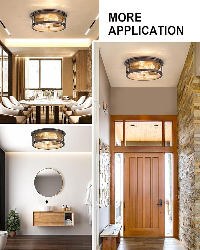 Flush Mount Ceiling Light, 2-Light Oil Rubbed Bronze Ceiling Light Fixture, Flush Mount Light with Seeded Glass Shade for Kitchen, Hallway, Bedroom (12 Inch)