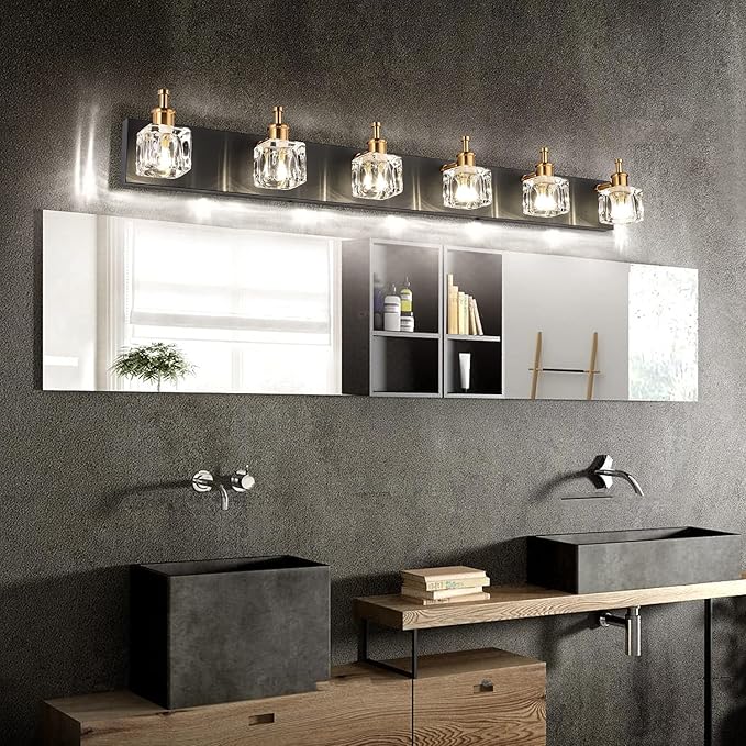 PRESDE Vanity Lights 6 Lights Modern Crystal Bathroom Lights Fixtures Over Mirror Black Bath Lighting