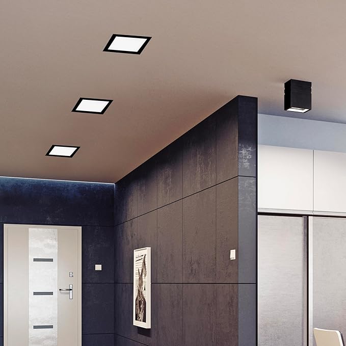 Maxxima 8 in. 5 CCT Square Recessed LED Downlight, 1400 Lumens, Slim Flat Panel Color Selectable (2700K/3000K/3500K/4000K/5000K), Dimmable, Canless IC Rated, Black Trim, J-Box Included