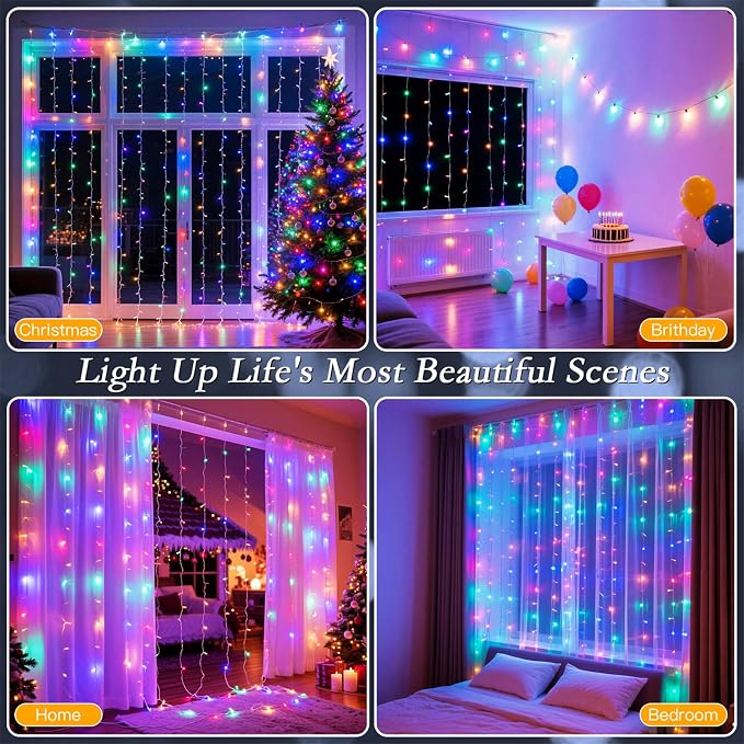 300 LED Multicolor Rainbow Curtain String Lights 9.8x9.8FT, Plug in Fairy Lights with 9 Hooks, Dimmable, Timer & 8 Modes, IP44 Waterproof, Bedroom Party Wedding Backdrop Christmas Outdoor Decor