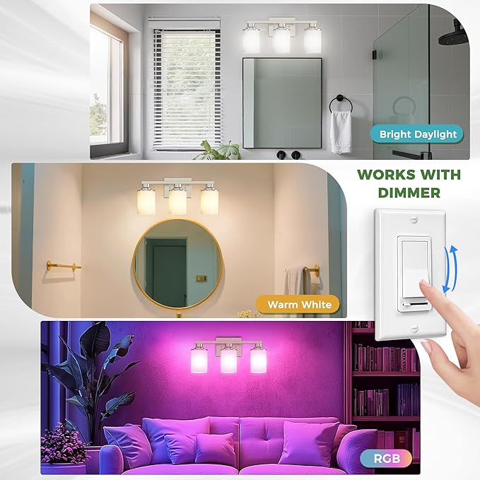 DORESshop 17 Inch Bathroom Light Fixtures, 3-Light Nickel Bathroom Lighting Fixtures Over Mirror with Milk Glass Shade, Vanity Lights for Living Room Bedroom