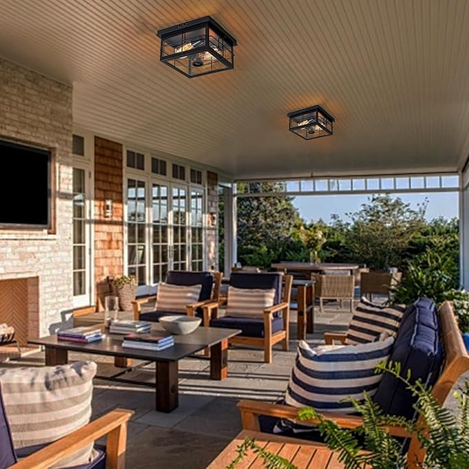 Flush Mount Outdoor Ceiling Light with Motion Sensor, Modern Porch Ceiling Light Fixture, Adjustable Sensor 2-Light Farmhouse Ceiling Mount Lighting with Clear Glass for Patio, House