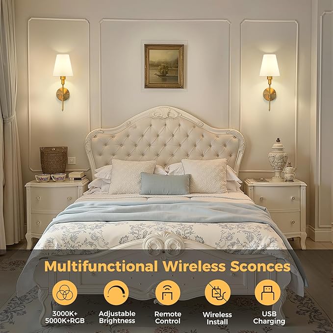 DORESshop Battery Operated Wall Sconce Set of 2, Wall Light Wireless Easy to Install, Dimmable and Adjustable Sconces Wall Decor, Rechargeable Wall Lamp for Bedroom, Living Room, Gold 18.7in