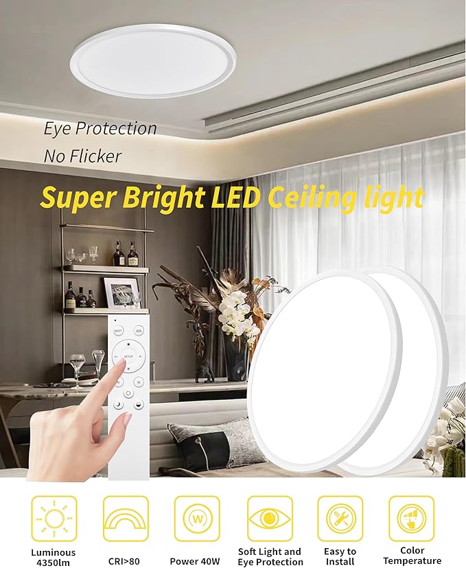 1Pack 20 Inch Remote Control Dimmable Large LED Flush Mount Ceiling Light Panel,40W 4350LM,2700K-6000K Adjustable Color,Ultra Thin Round White Ceiling Light Fixture for Hallway Kitchen Home Office