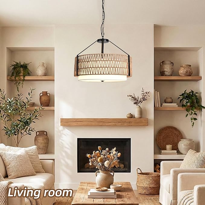 4-Light Boho Light Fixtures 19.7" Rattan Pendant Light Rustic Farmhouse Chandelier for Dining Flush Mount Ceiling Hanging Light Fixture for Hallway Entryway Kitchen Island