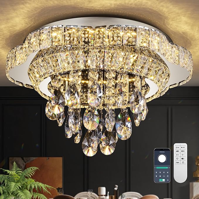 18" Sliver Crystal LED Ceiling Light with Remote Control,Flush Mount Chandelier with 3-Color Dimmable for Living Room Bedroom Dining Room Hallway - Modern Flower Design