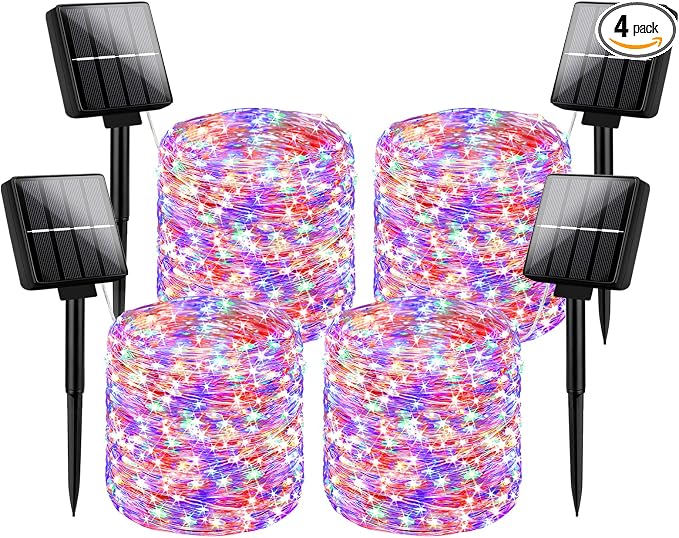 Brightever 4-Pack Solar String Lights Outdoor 288FT, Each 72FT 200 LED Solar Fairy Lights Waterproof, 8 Modes RGB Twinkle Lights for Christmas, Halloween, Party, Wedding Decorations(Multicolored)