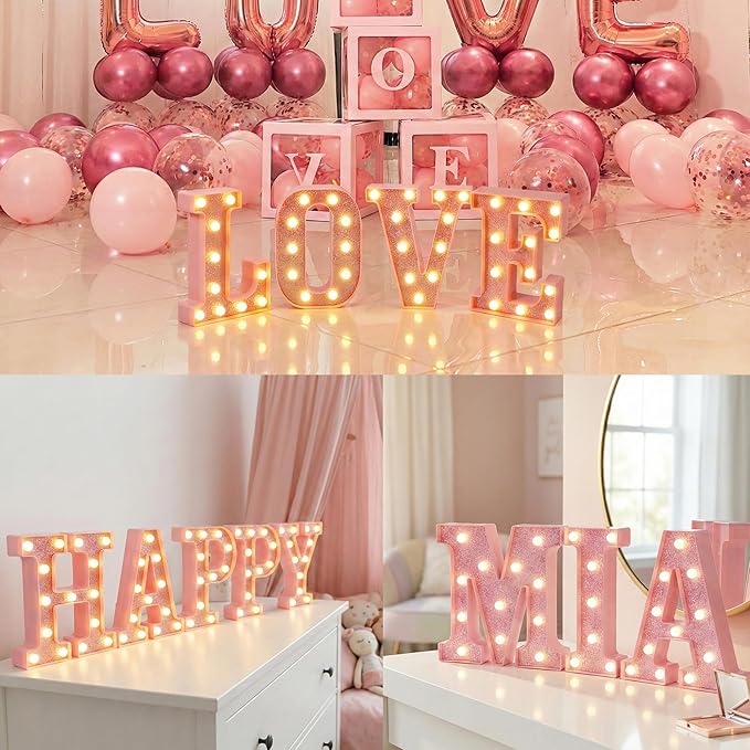 Pink Marquee Light Up Letters, Glitter Alphabet LED Letter Lights for Pink Birthday Party Decorations, Battery Operated Letter Sign for Girls Room Vanity Table Decor, Warm White Lights Letter U
