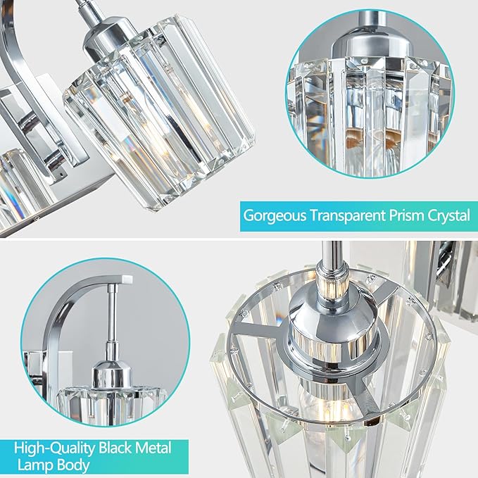Modern Bathroom Vanity Light, 2-Light Chrome Wall Sconce with Crystal Accents, Over Mirror Bathroom Lighting Fixture, 13.77" Long Dimmable Vanity Lamp for Makeup, Easy Installation