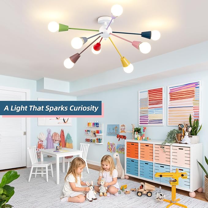 33 Inch Colorful Sputnik Chandelier, 8-Light Kids Ceiling Light Fixture, Modern Semi-Flush Mount Lamp for Children's Bedroom,Playroom, Nursery, Dining Room, Kitchen, Entryway