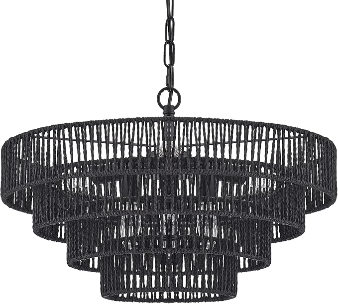 20” Hand-Woven Rattan Chandelier 6-Lights Transitional Minimalist 4 Round Boho Large Pendant Light for Kitchen Island Dining Room Living Room Hallway, Matte Black, UL Listed