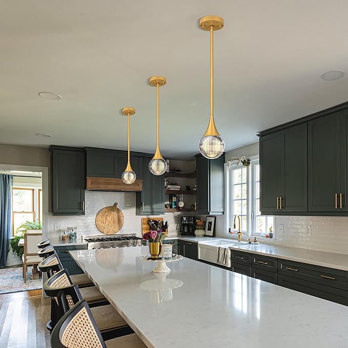 3-Pendant Lights Kitchen Island, Painted Gold Globe Crystal Ceiling Hanging Light Fxitures, LED Light Fixtures Metal Rod Ceiling Glass Pendant Lighting for Kitchen Island Dining Room Bar