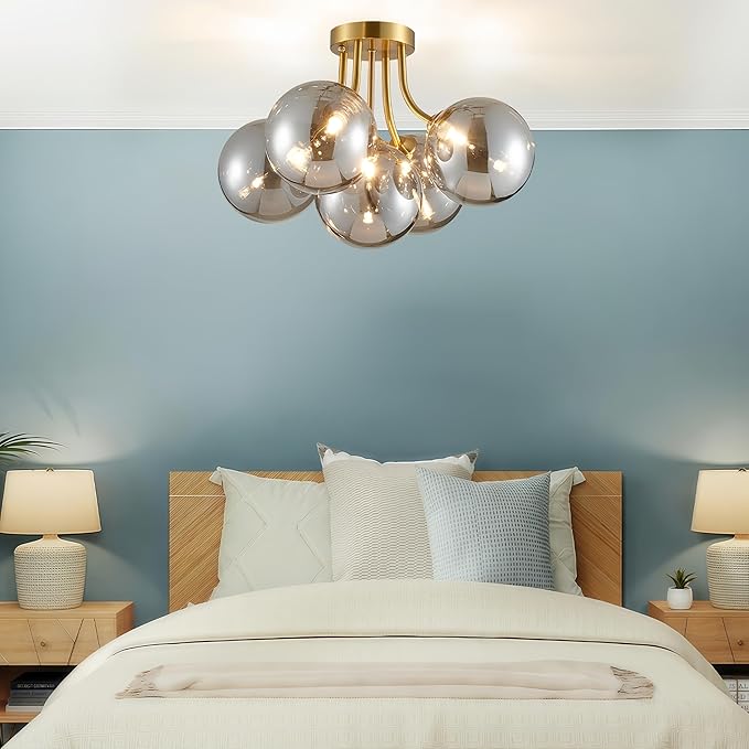 Gold Bubble Glass Chandelier 5-Light, Glass Sputnik Flush Mount Ceiling Light for Living Room, D16'' x H12'', G9*5 Sockets, Globe Bubble Light Chandelier with Grey Ball Smooth Shade