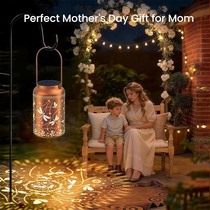 JEJOT Dragonfly Solar Lanterns Outdoor Waterproof, Mothers Day Gifts, Birthday Gifts for Women Mom Grandma,Metal Hanging Solar Lantern for Yard,Garden,Porch Landscape Deconrations-1 Pack