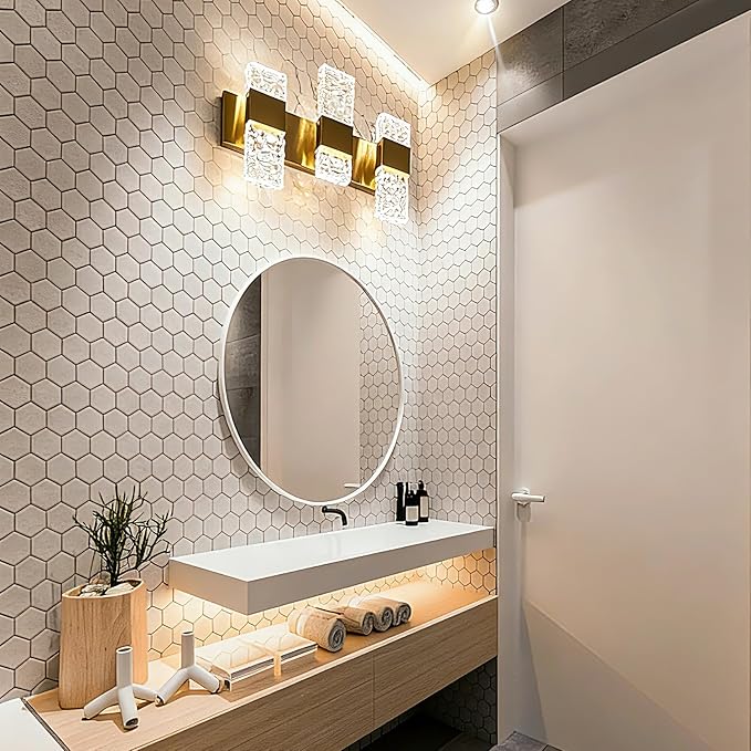 Gold Bathroom Vanity Lights Fixtures Over Mirror LED Crystal Modern 3 Light Brushed Stainless Steel Wall Mount Light for Bathroom Lighting Fixtures 3000K 30Watts Warm Light