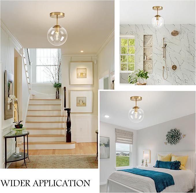8 Inch Gold Semi Flush Mount Ceiling Light Fixture Clear Glass Globe Ceiling Light Fixture Modern Hallway Light Fixtures Mid Century Ceiling Light Brass Finish for Entryway Bedroom (Bulb Incl.)