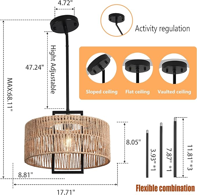 1-Light Boho Light Fixture 12.60" Rattan Pendant Light for Kitchen Island Hand Woven Rustic Dining Room Light Fixture Rattan Pendant Light Fixture