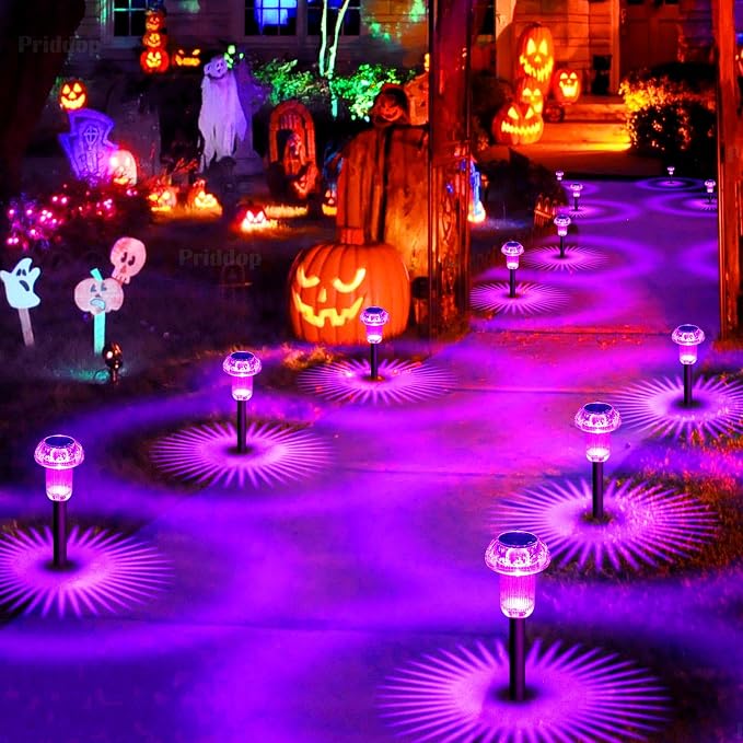 Priddop Solar Halloween Lights Outdoor Waterproof 8Pack Purple LED Mushroom | Yard Pathway Garden Decorative Patio Landscape Path Walkway Spike Pattern Acrylic Cap ABS Stake Outside Halloween Decor