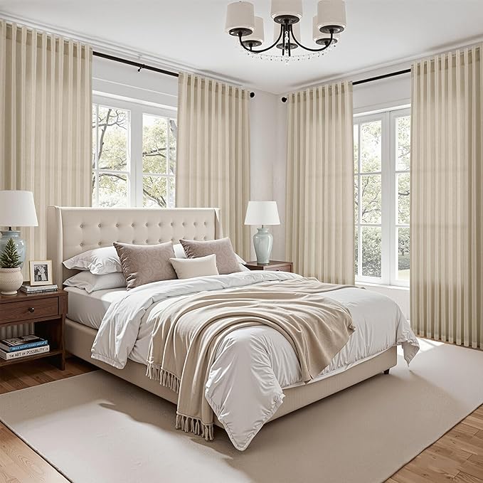 Eggshell Beige Linen Curtains for Living Room 105 Inches Long Light Filtering Semi Sheer Curtain Back Tab Rustic Farmhouse Decor Burlap Luxury Boho Drapes for Bedroom Dinner Room 52x105, 2 Panels