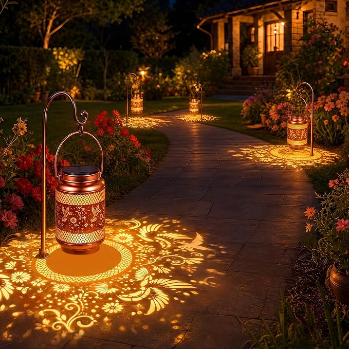 2 Pack Solar Lanterns Outdoor Garden Decor Solar Lights Waterproof Hummingbird Decorative Hanging Metal Lights Gardening Gifts for Mom Women Outside Yard, Patio, Backyard, Farm