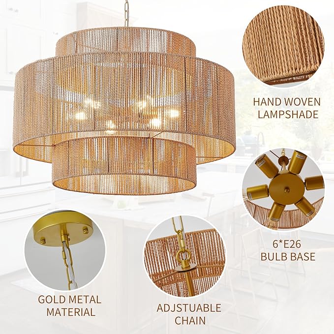 30.7in Large Rattan Chandeliers, 3-Tier Woven Boho Pendant Lights, Hemp Rope Hanging Ceiling Light, Wicker Lighting Fixture for Living Room, Dining Room, Bedroom, Kitchen Island