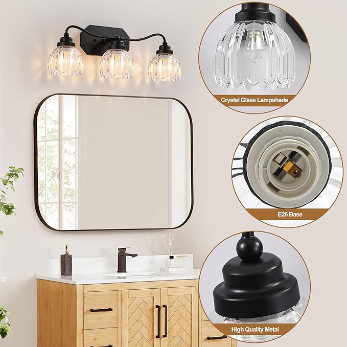 Vintage Bathroom Light Fixtures, 3 Light Bathroom Vanity Light, Black Matte Antique Brass Finish with Crystal Glass Shade, Mid Century Wall Sconces for Bedroom, Living Room, Hallway