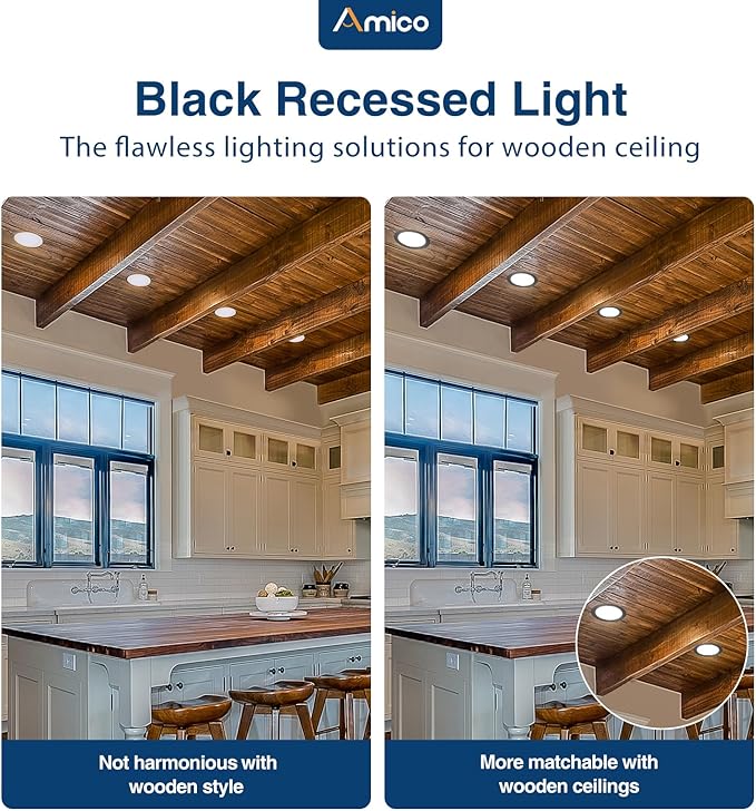 Amico 12 Pack 7 Inch 5CCT Ultra-Thin LED Canless Recessed Ceiling Light with Junction Box, 2700K/3000K/3500K/4000K/5000K Selectable, 15W=100W, 1300LM Brightness, Dimmable Wafer Downlight,ETL&FCC,Black