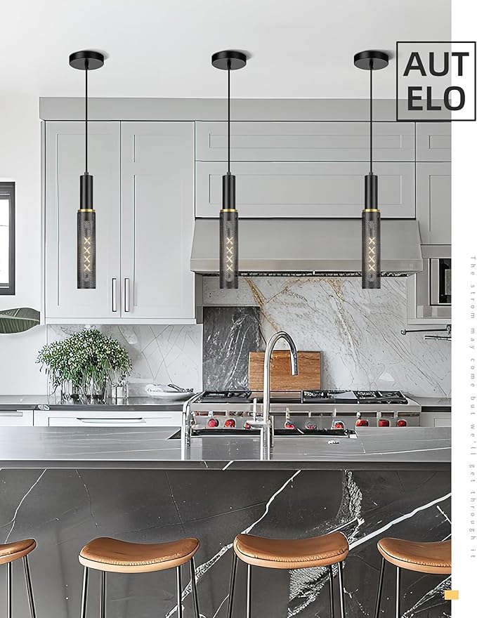 AUTELO Black Pendant Lights Kitchen Island, Farmhouse Mesh Pendant Lights in Black and Gold Finish, 1-Light Hanging Lamp in Metal Frame, Pendant Light Fixture for Kitchen Island Dining Room, H3898 BK
