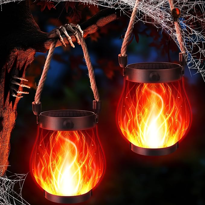 iBaycon 2 Pack Gen2 Solar Lantern Lights USB Halloween Flame Lamp, Red | Solar Garden Lights with Dual Charging USB & Solar, 2 Modes Outdoor Waterproof Hanging Lantern for Home Halloween Decor