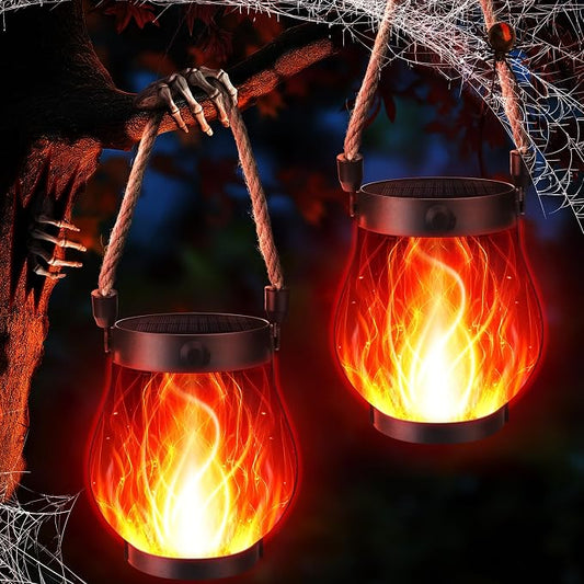 iBaycon 2 Pack Gen2 Solar Lantern Lights USB Halloween Flame Lamp, Red | Solar Garden Lights with Dual Charging USB & Solar, 2 Modes Outdoor Waterproof Hanging Lantern for Home Halloween Decor