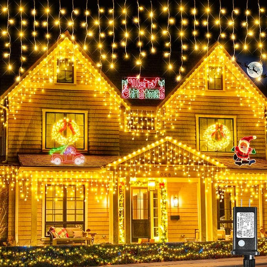 Icicle Christmas Lights Outdoor - 98FT 1216 LED Icicle Lights for Outside with 8 Modes Timer, 228 Drops Waterproof Hanging String Lights Indoor for House Wedding Holiday Decorations, Warm White