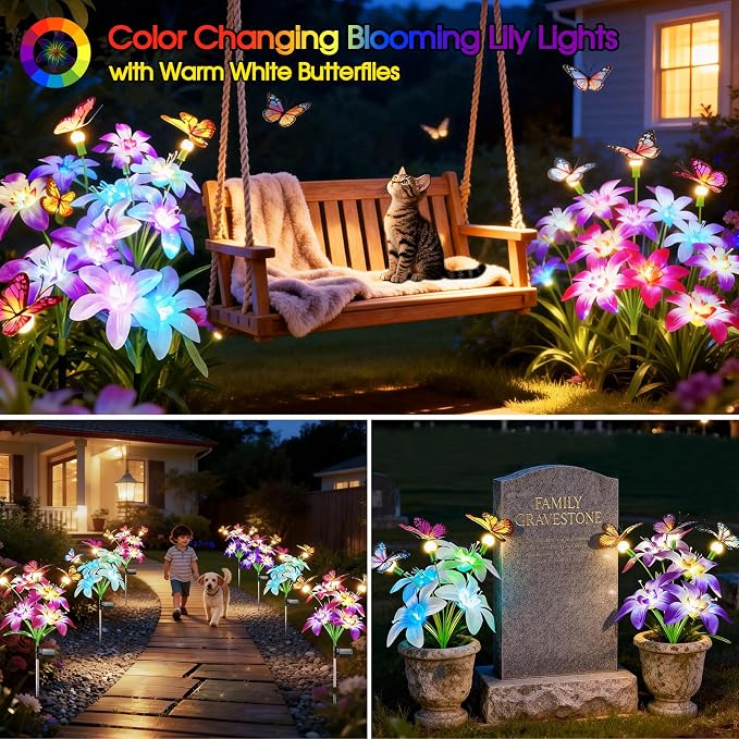 Garpar Solar Flower Lights Outdoor 4 Pack, 16 Lilies and 12 Butterflies | 800mAh Battery, Brighter LED, IP65 Waterproof, Color Changing, Perfect for Yard, Lawn, Pathway, Gift for Mom, Women, Grandma