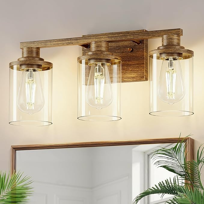 DORESshop 17 Inch Bathroom Light Fixtures, 3-Light Oak Bathroom Lighting Fixtures Over Mirror with Clear Glass Shade, Vanity Lights for Living Room Bedroom