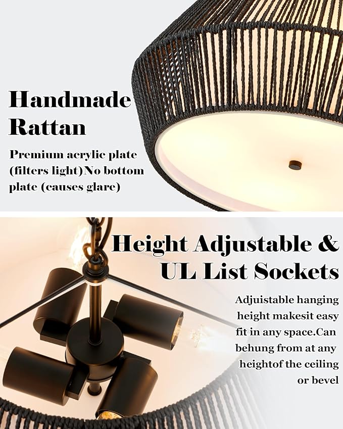 ELYONA 20" Modern Chandeliers for Dining Room, 4-Lights Large Rattan Chandelier Light Fixture with Fabric Shade Adjustable Boho Woven Hanging Pendant Light for Kitchen Island Living Room Bedroom Black