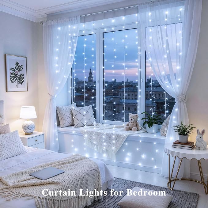 JMEXSUSS 200 LED Fairy Curtain Lights Battery Operated & USB Plug in - Remote Curtain String Lights for Bedroom with 8 Modes, Waterproof Window Lights Outdoor for Backdrop Wedding Party Decor, White