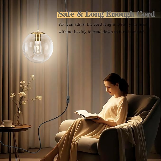 KoKo&Yukina 10" Globe Pendant Light Gold Plug in Pendant Light Adjustable Hanging Lights with Plug in Cord Brushed Gold Finished with Clear Glass Lampshade for Bedroom Kitchen Island（Bulb Included）