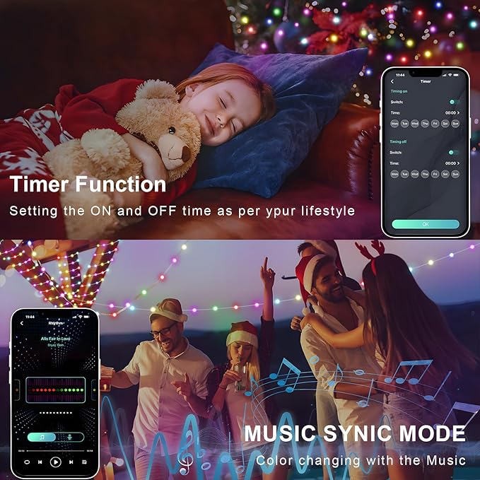 Christmas String Lights Indoor 16.4FT 33LEDs, Smart RGB Fairy Twinkle Christmas Lights with Music Sync, RF Remote, APP Control, Multicolor, USB Powered for Party Garden Bedroom Decor